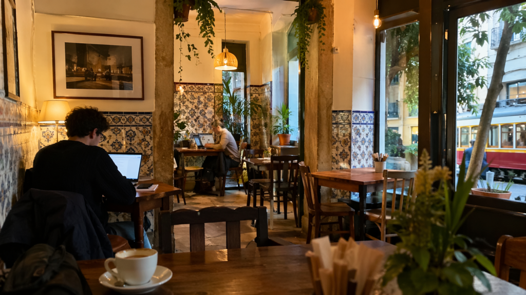 Image of people working inside a cafe in lisbon on laptops