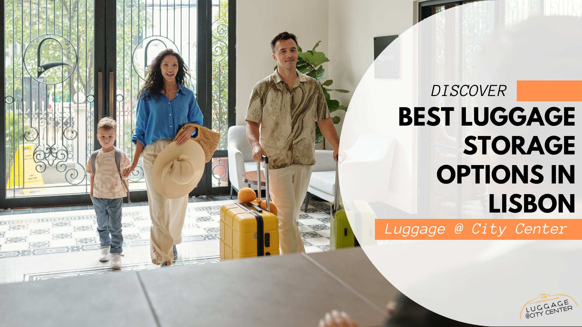 Family walking into luggage storage space with luggage bags