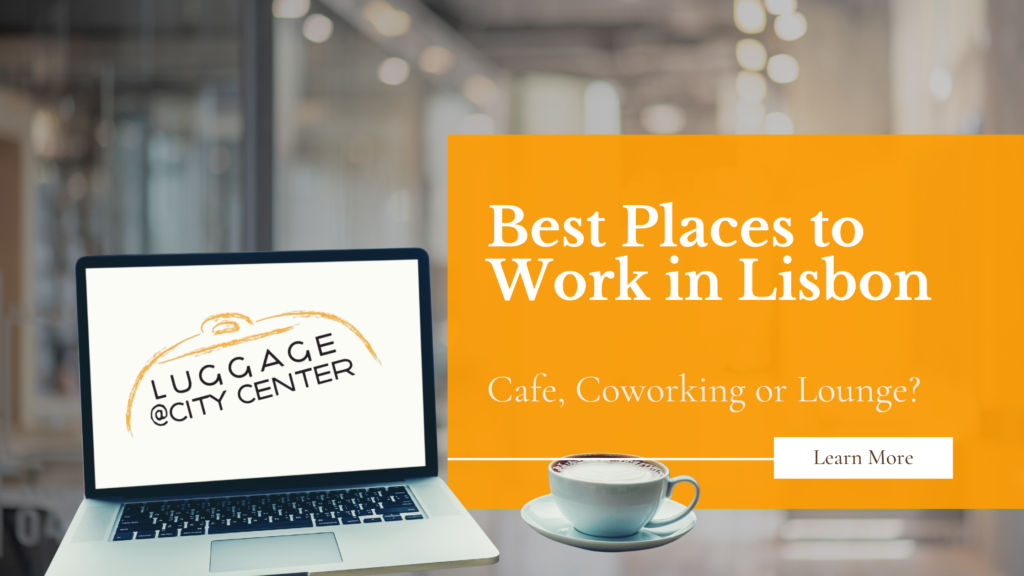 Best places to work in lisbon title with table laptop and coffee cups