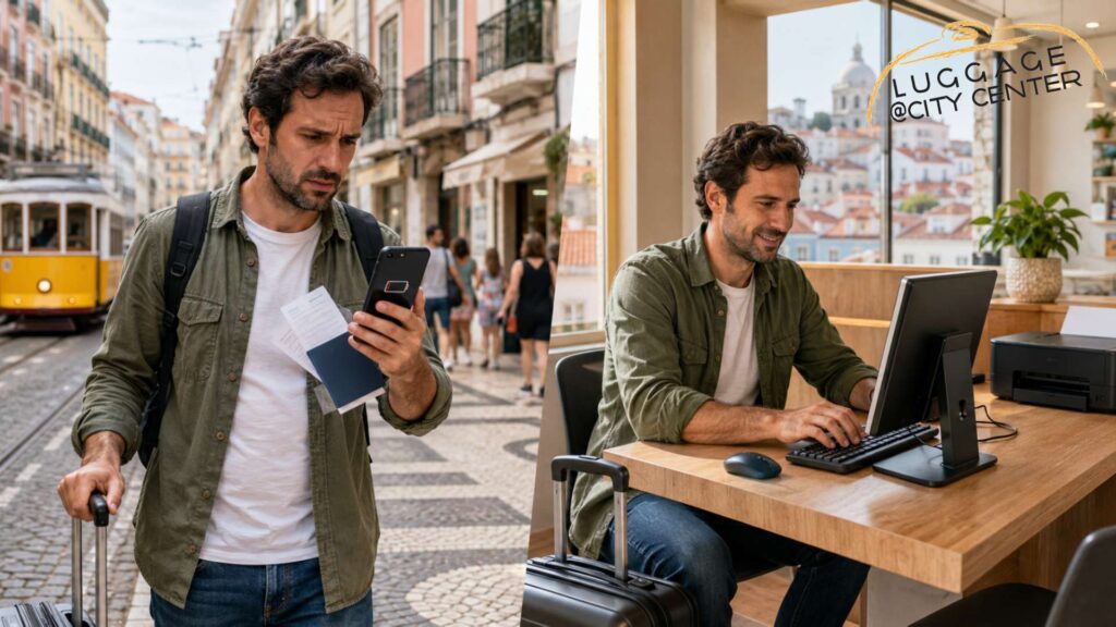 Split screen with left side showing man with low battery phone and luggage struggling to use it while right side has man comfortably working in an internet cafe