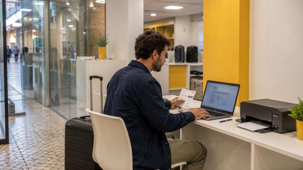 Traveler printing a boarding pass in Lisbon near Chiado with luggage beside the desk