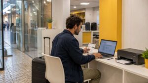 Traveler printing a boarding pass in Lisbon near Chiado with luggage beside the desk