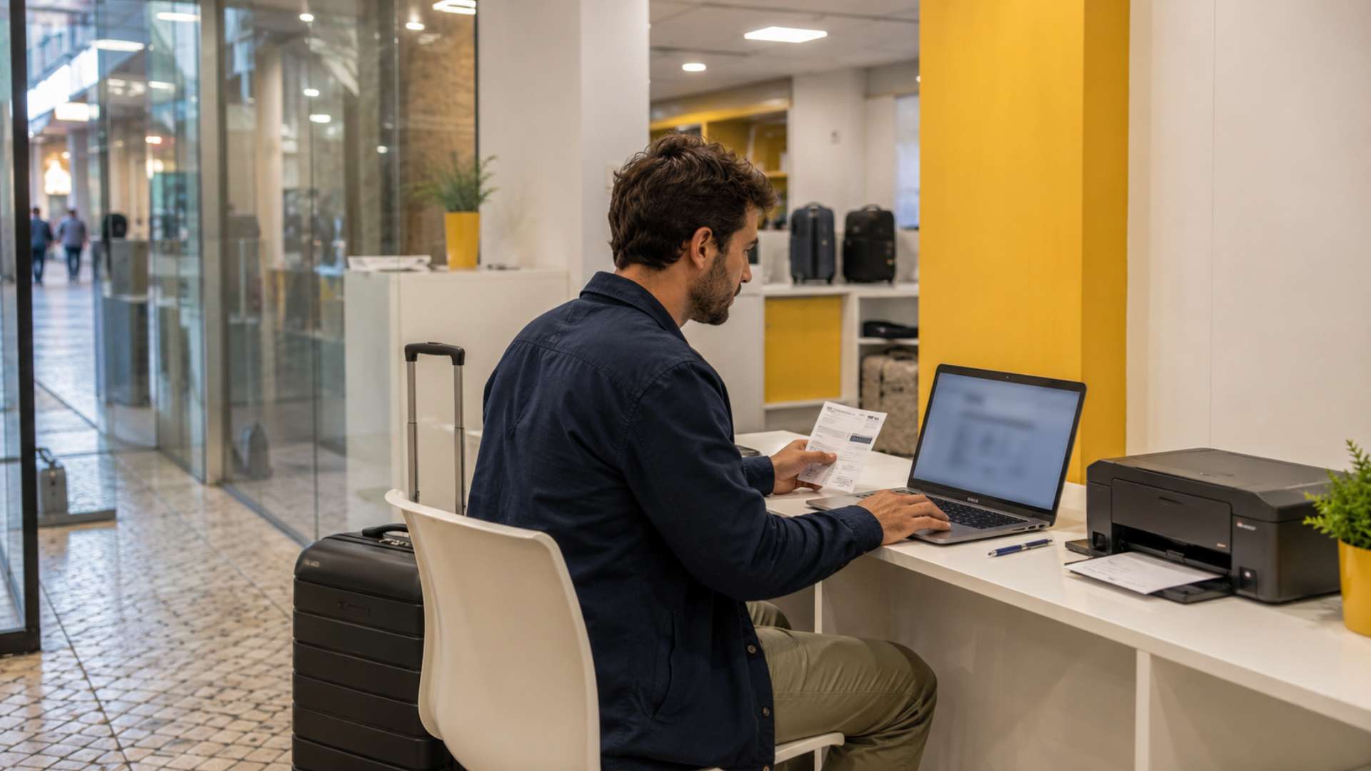 Traveler printing a boarding pass in Lisbon near Chiado with luggage beside the desk