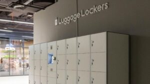 Row of gray metal luggage lockers in a shopping mall corridor with a glass storefront to the left.
