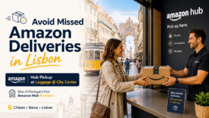 Banner advertising Amazon Hub Pickup in Lisbon, showing a customer handing a box to a staff member at a pickup counter with a Lisbon street backdrop.